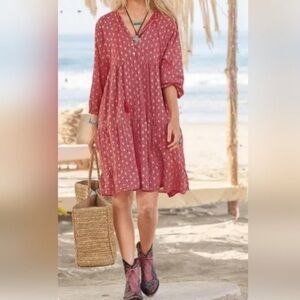 Scandal Italy Ordell Lurex Diamond Print Tiered Boho Mini Dress Long SL M Pink